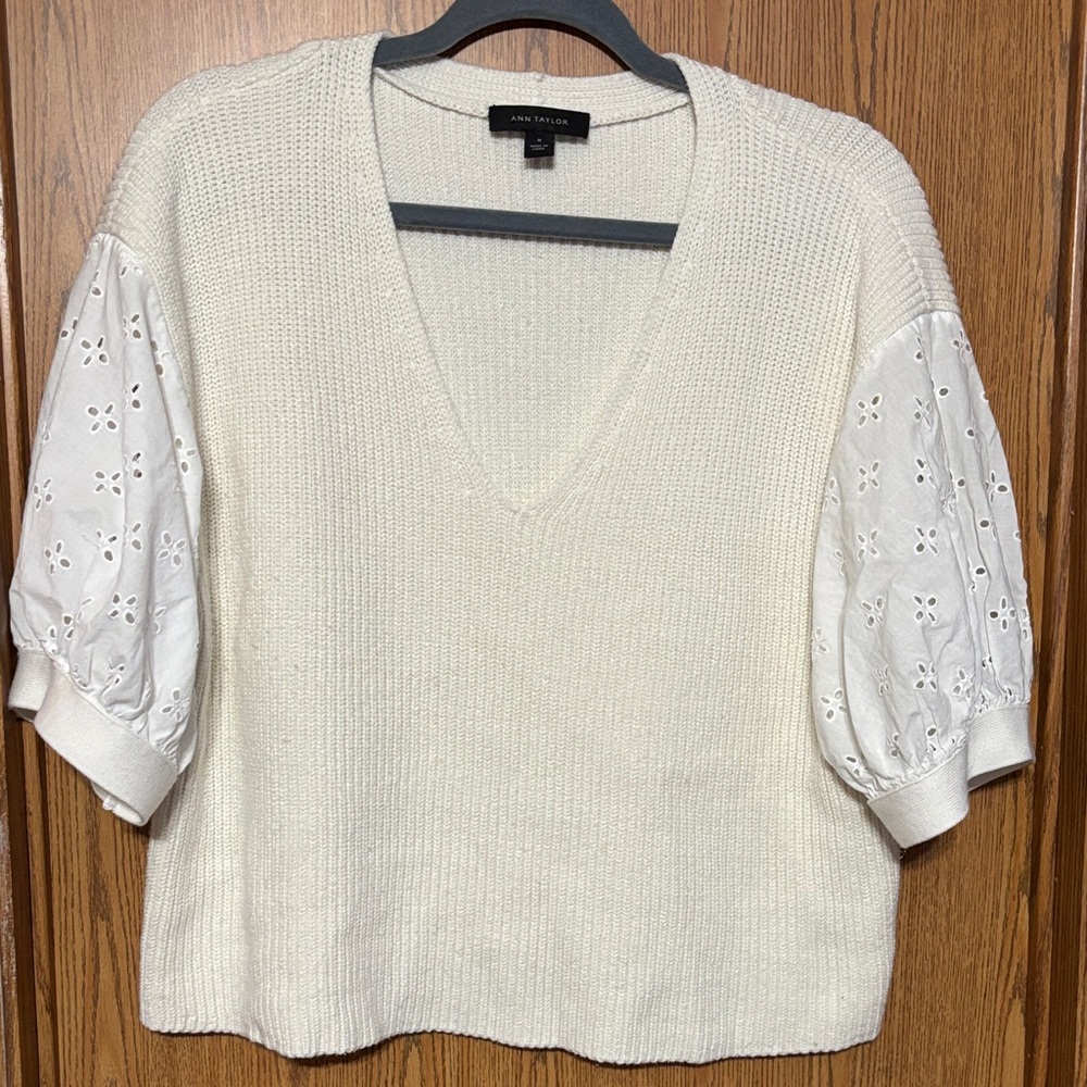 Ann Taylor Cream V-Neck Sweater with Eyelet Sleeves